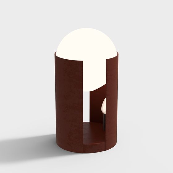 Modern brown metal table lamp with white glass globe shade on grey background