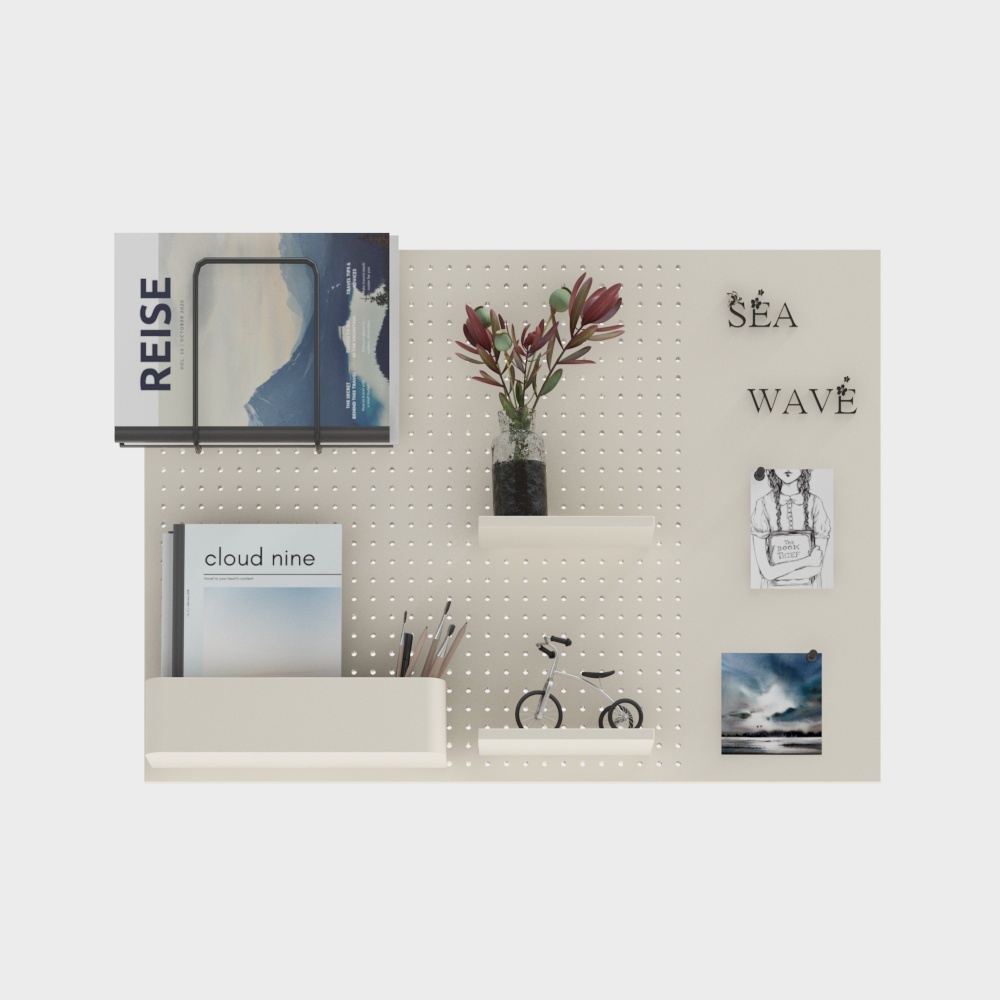 Beige wall panel with shelves holding books plant and bike model on white background