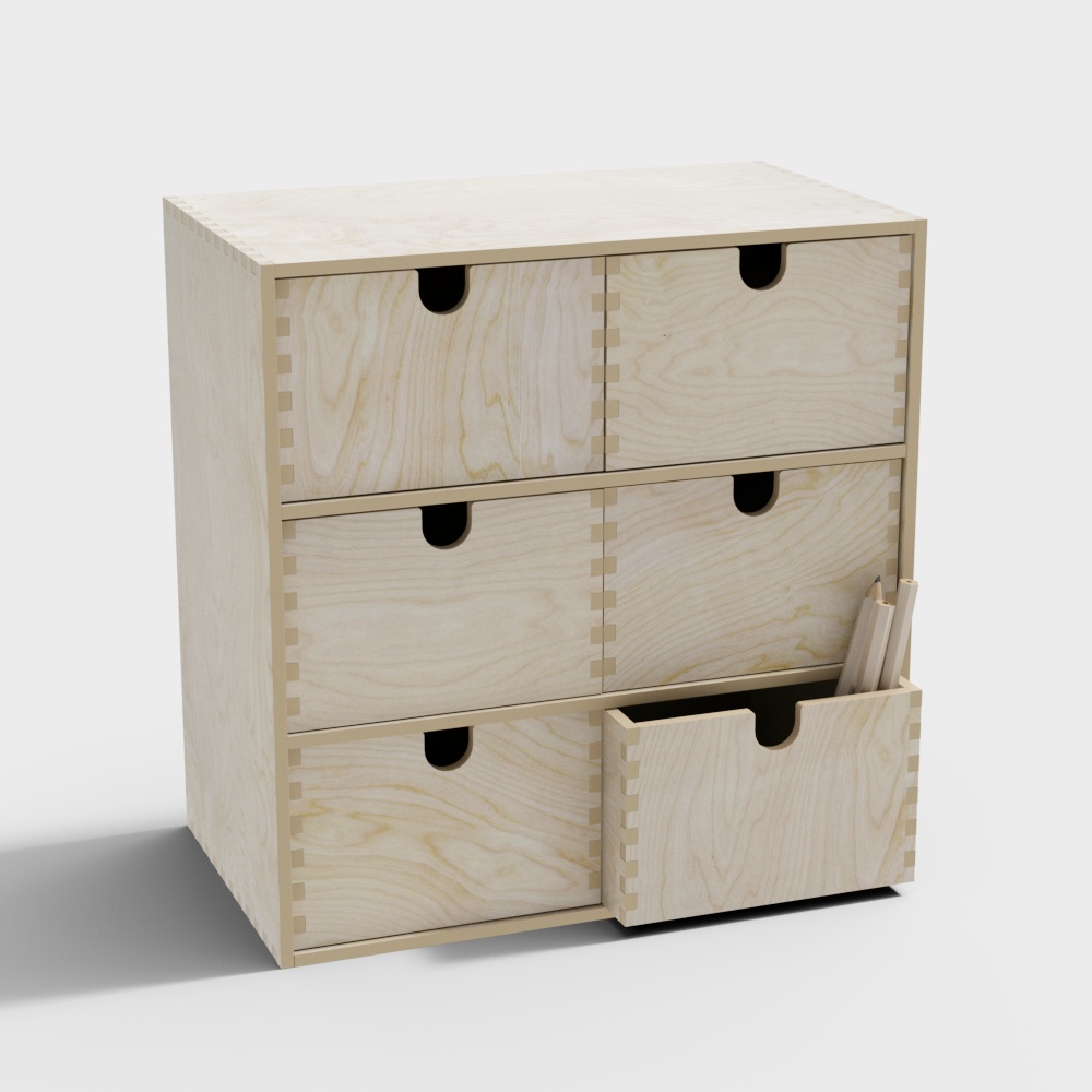Light natural wood desk organizer with six drawers and one open drawer on white background