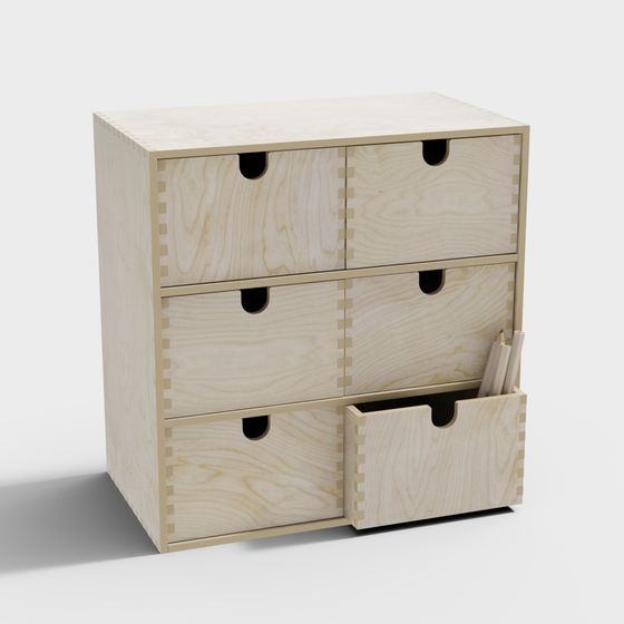 Light natural wood desk organizer with six drawers and one open drawer on white background