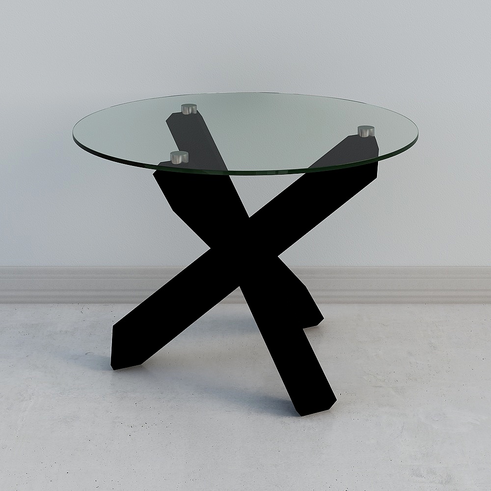 Modern round glass table with black X base and silver feet on white background