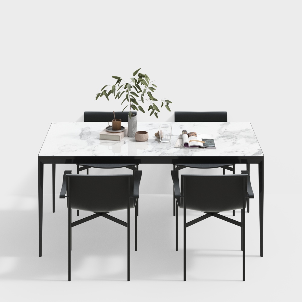 Minimalist Dining Table and Chairs 3D Model – Marble & Metal