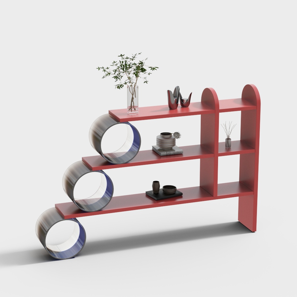 Sleek Low-Poly Bookshelf 3D Model – Red Metallic Tubes