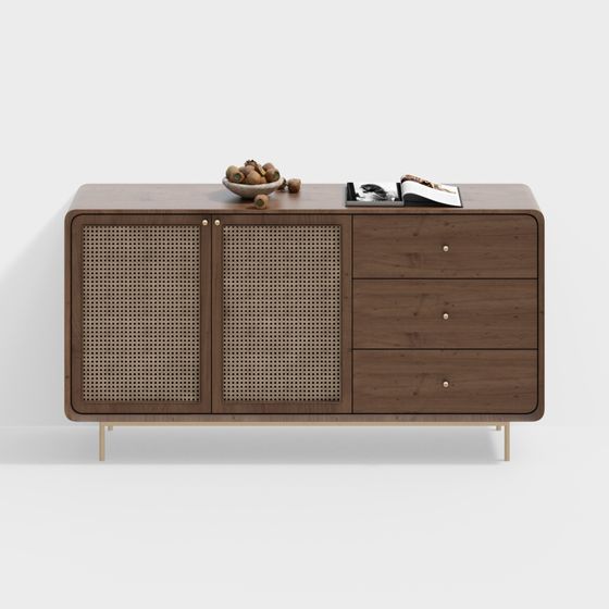 Wabi-Sabi Style Dining Side Cabinet 3D Model in Brown