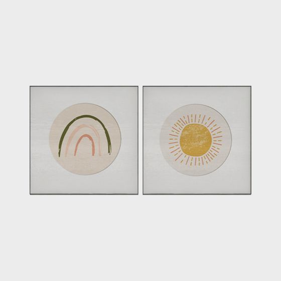 Two framed art prints with abstract rainbow and sun designs on white background