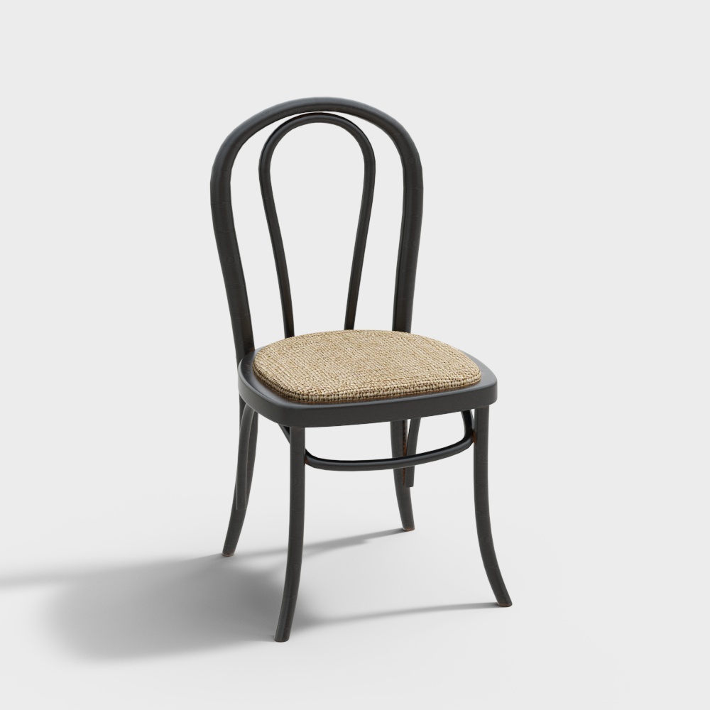 Vintage Style Chair 3D Model - Black Wood & Woven Cushion