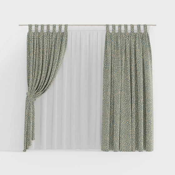 Green floral tab top curtain with tieback and white sheer lining on white background