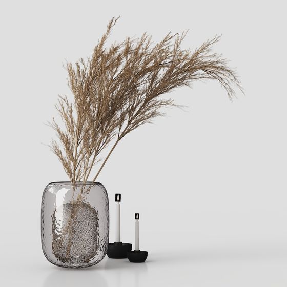 Chic Glass Vase with Dried Hay and Candle Set 3D model