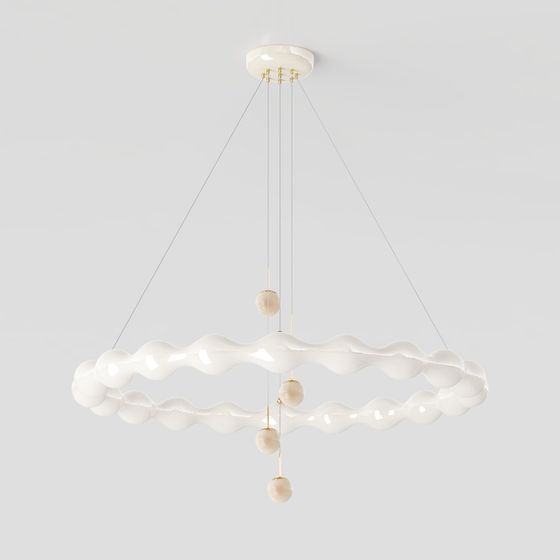 Modern white wavy glass ring pendant light with marble spheres on grey background
