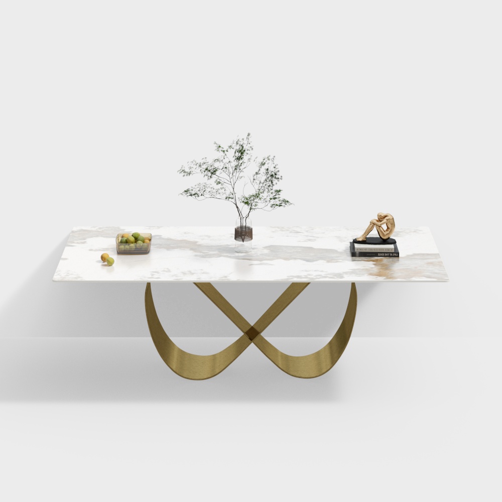Modern dining table with white marble top and curved gold metal base on grey background