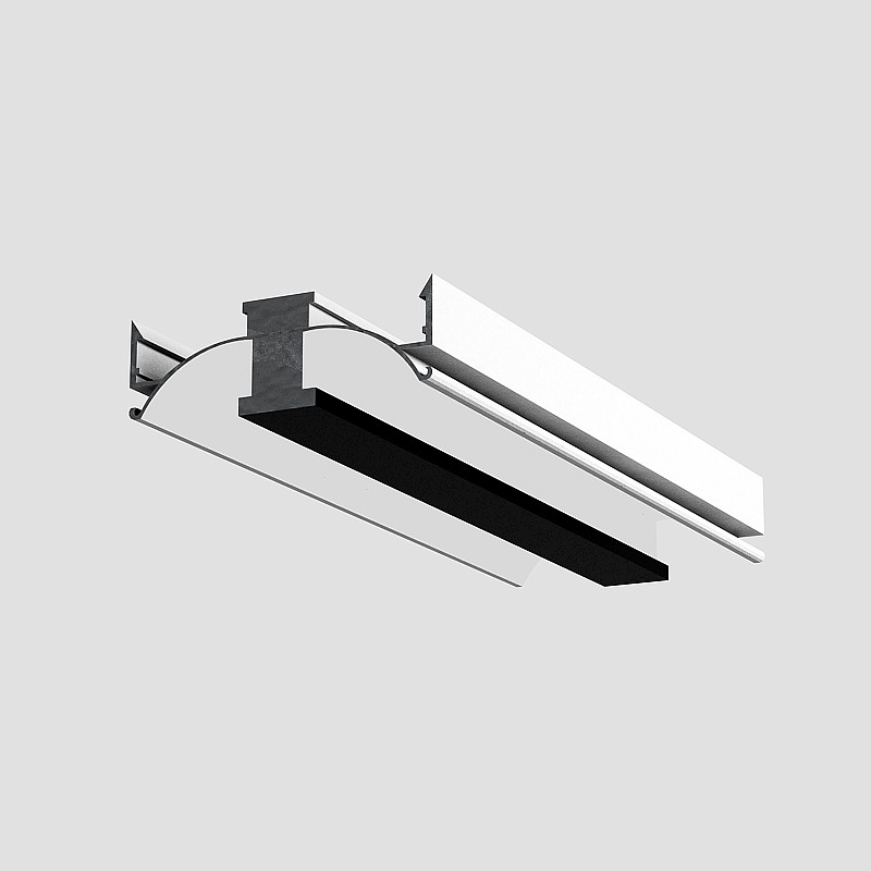 Modern black metal ceiling light fixture with long white panel on grey background