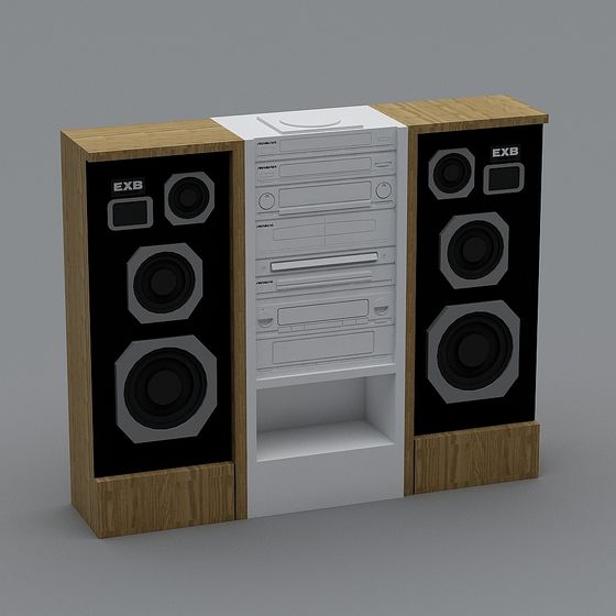 Modern home stereo system with wood sides and white center unit on grey background