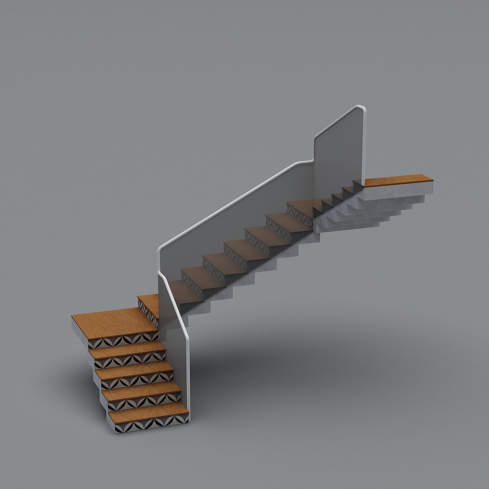 Modern wooden staircase with patterned sides and glass railing on grey background