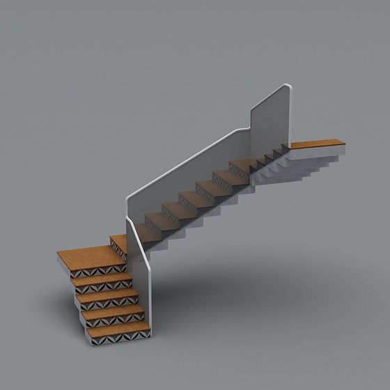 Modern wooden staircase with patterned sides and glass railing on grey background