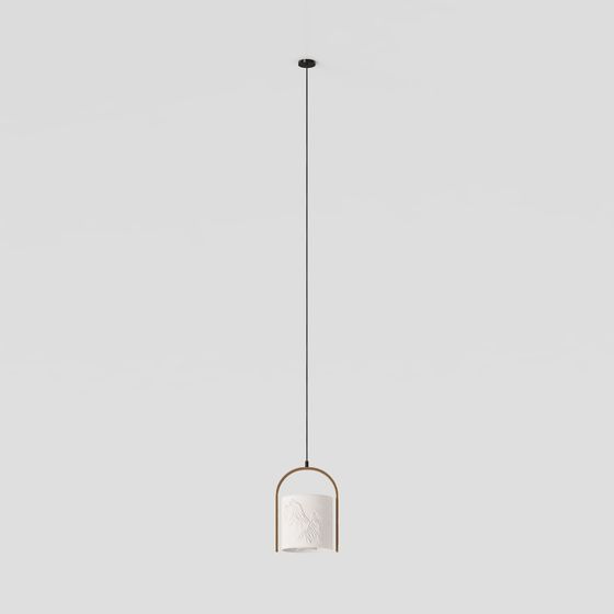 Modern white ceramic pendant light with gold metal frame on grey background