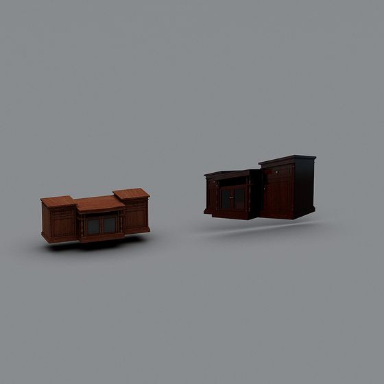 Two dark brown wooden cabinets with glass doors and small drawers on grey background
