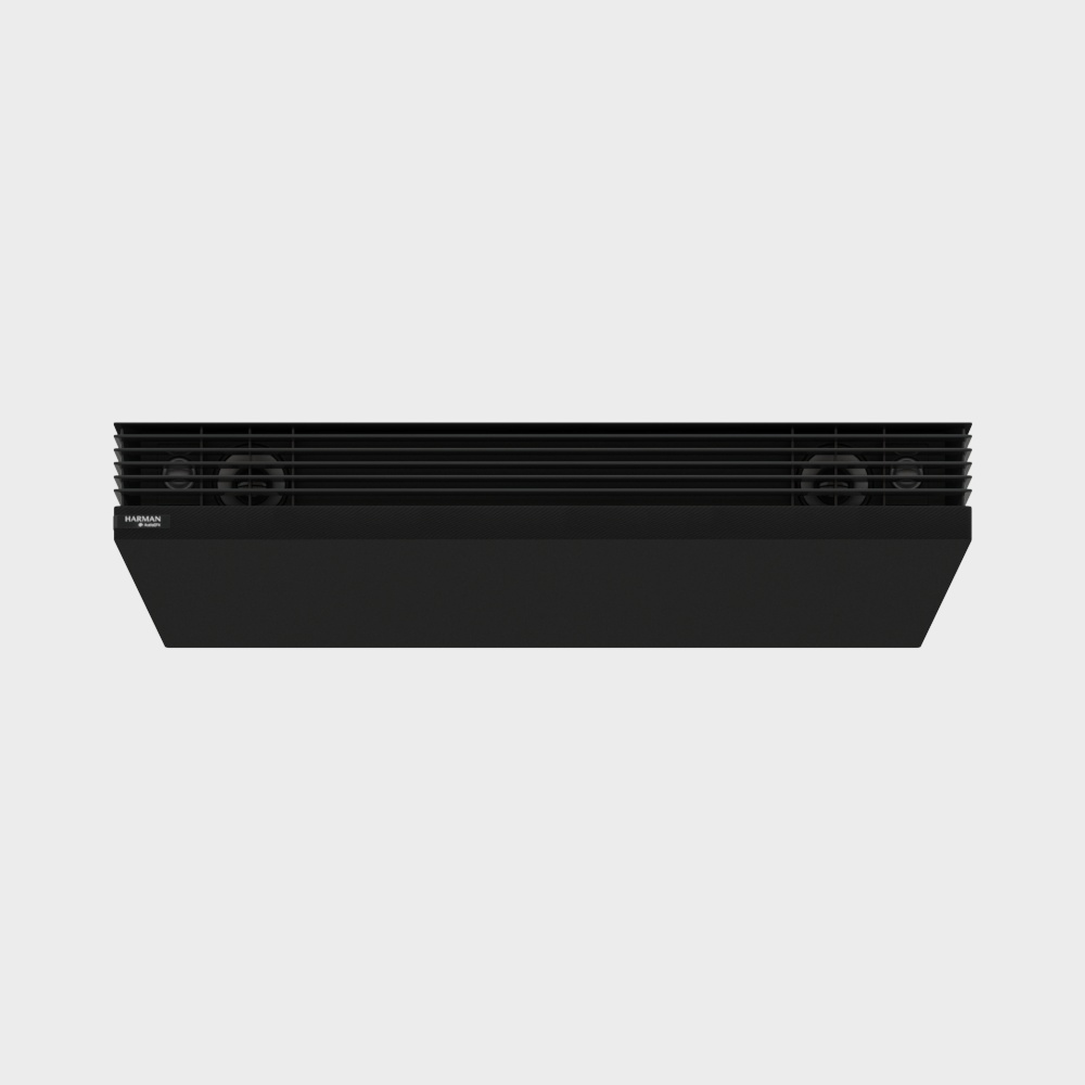 Black rectangular soundbar with horizontal slat grille and small white logo on grey background
