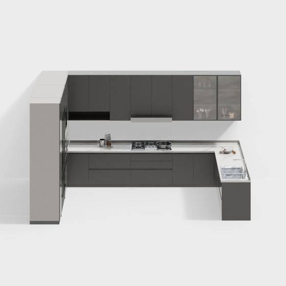 Modern Kitchen 3D Model Design with Elegant Gray Cabinets