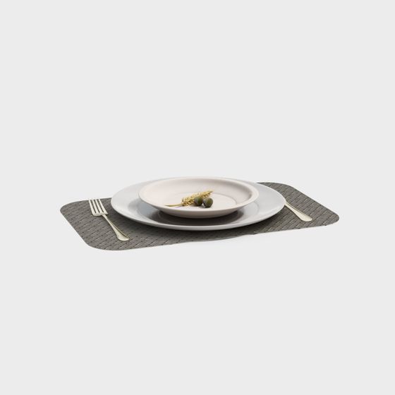 Modern grey woven placemat with white plates and silver cutlery on white background