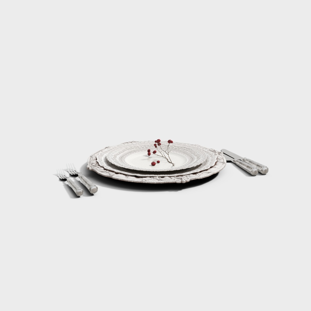 Vintage Elegance Cutlery Set 3D Model – Detailed Silver Design