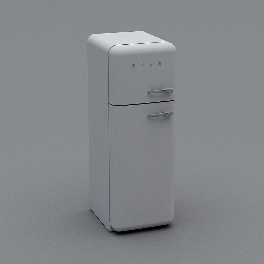 White retro style refrigerator with silver handles and brand logo on grey background