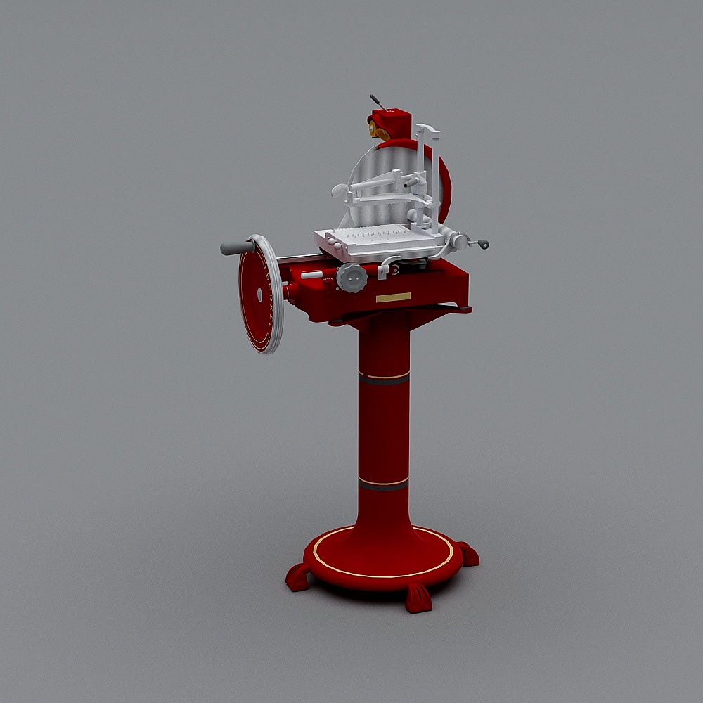 Red industrial machine with silver parts and large wheel on grey background