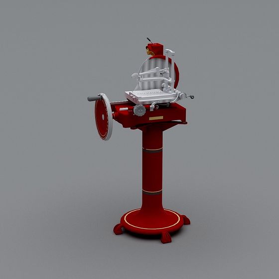 Red industrial machine with silver parts and large wheel on grey background