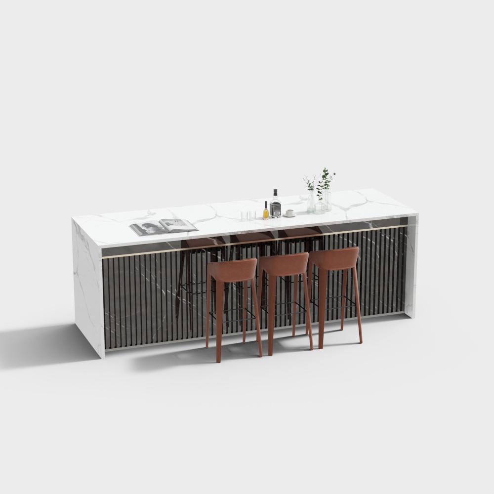Modern white marble kitchen island with black vertical slats and three brown bar stools on grey background