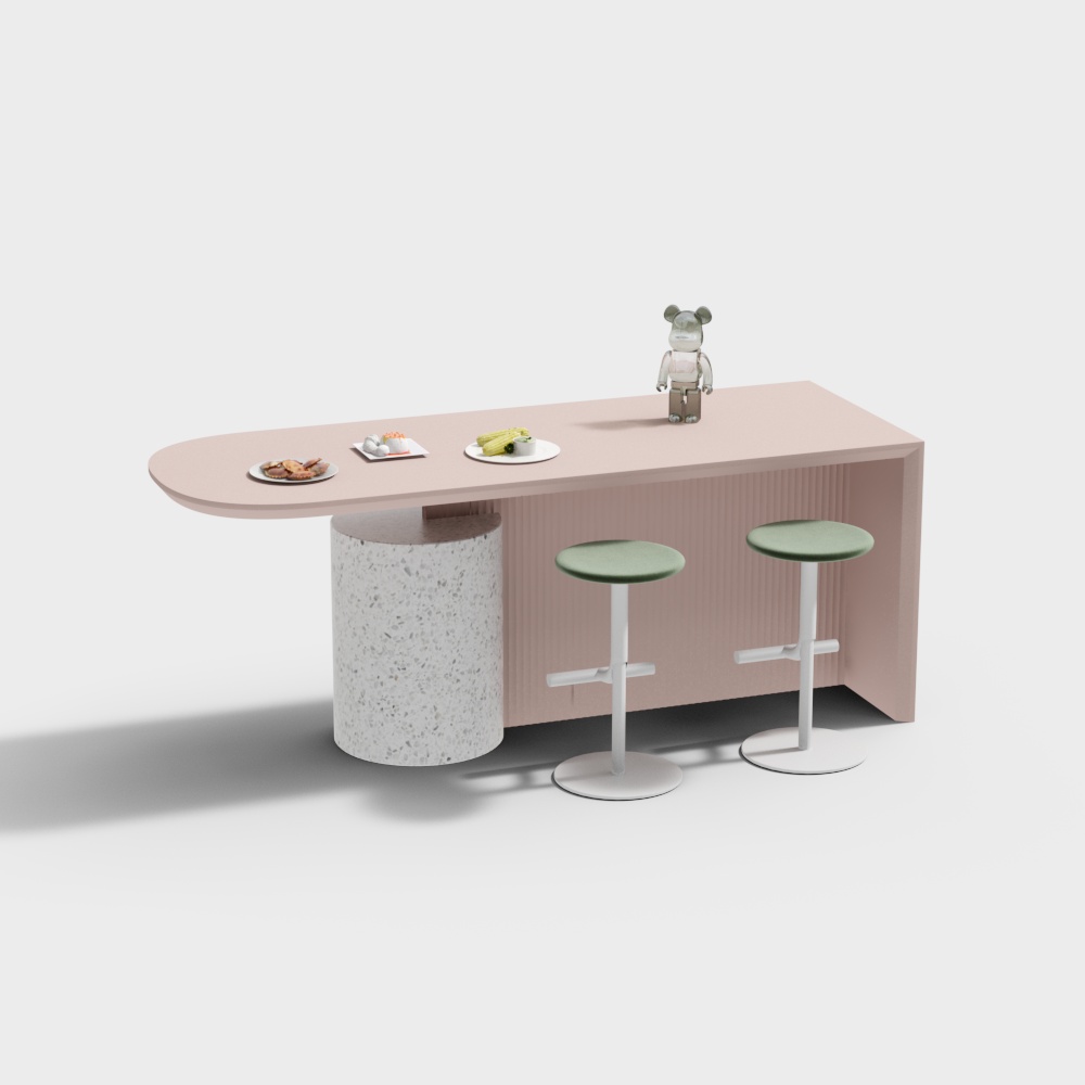 Modern pink dining table with terrazzo base and two green stools on white background