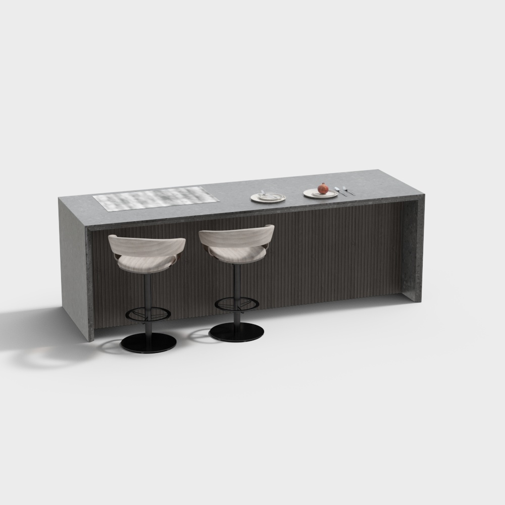 Modern grey kitchen island with two white bar stools on white background