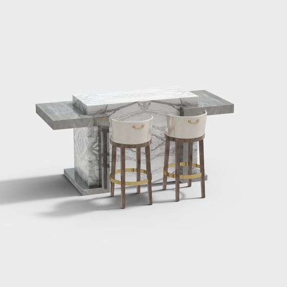 Stylish Marble Dining Table and High Stool Set 3D model