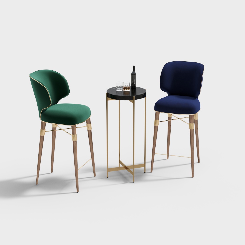 Green and blue velvet bar stools with gold metal frame and small black round table on grey background