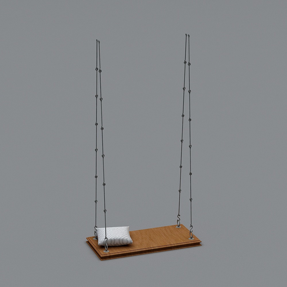 Modern indoor swing bed with wooden platform and black rope on grey background