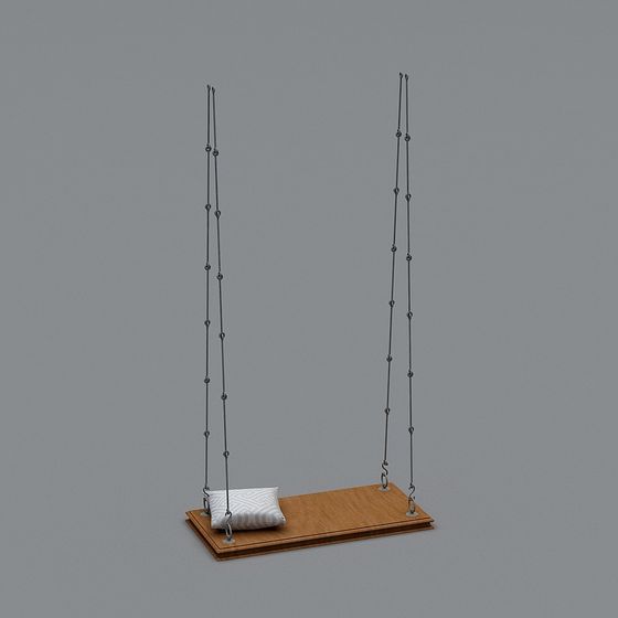 Modern indoor swing bed with wooden platform and black rope on grey background