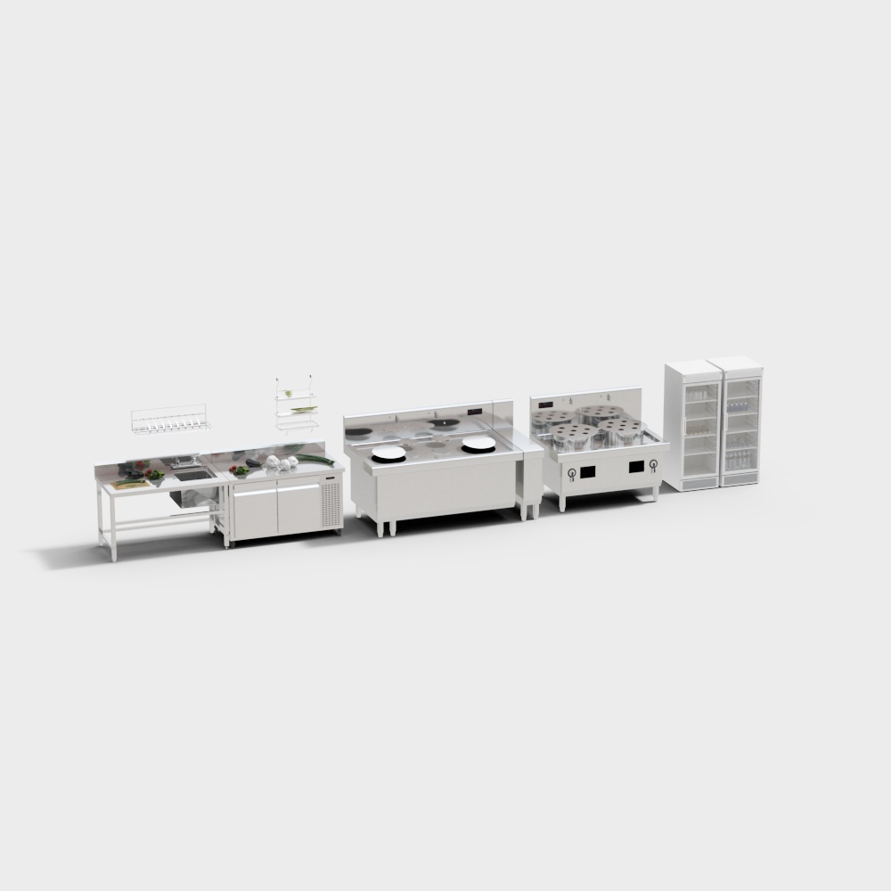 Set of white commercial kitchen equipment with cooking stations and glass door fridge on grey background