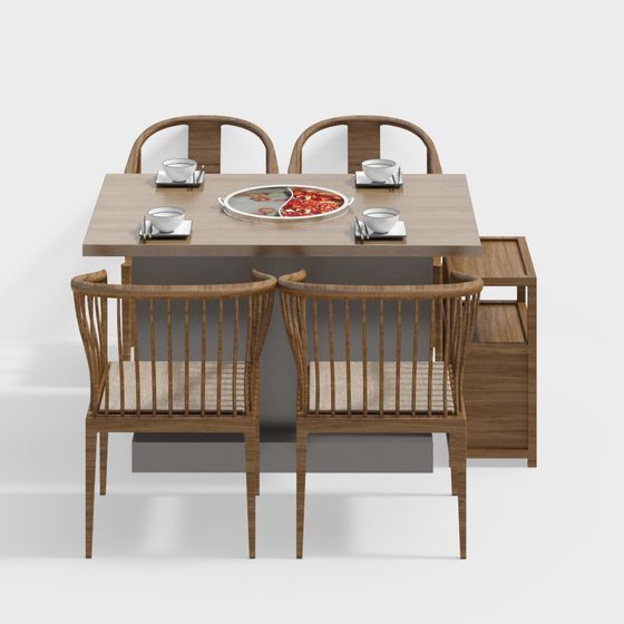 Elegant Wooden Dining Table and Chairs Set 3D model