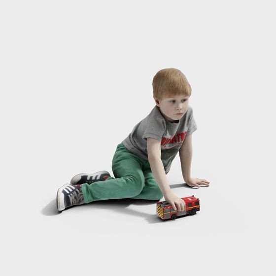 Charming 3D Model of a Boy Playing with a Toy Train