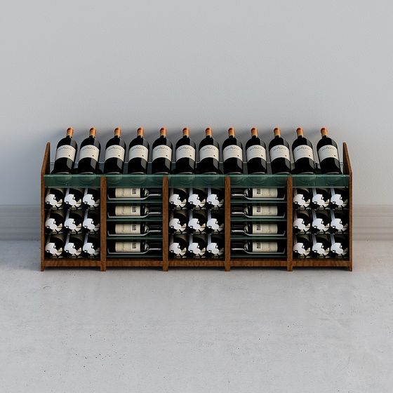 Modern wooden wine rack with green glass shelves holding bottles on grey background