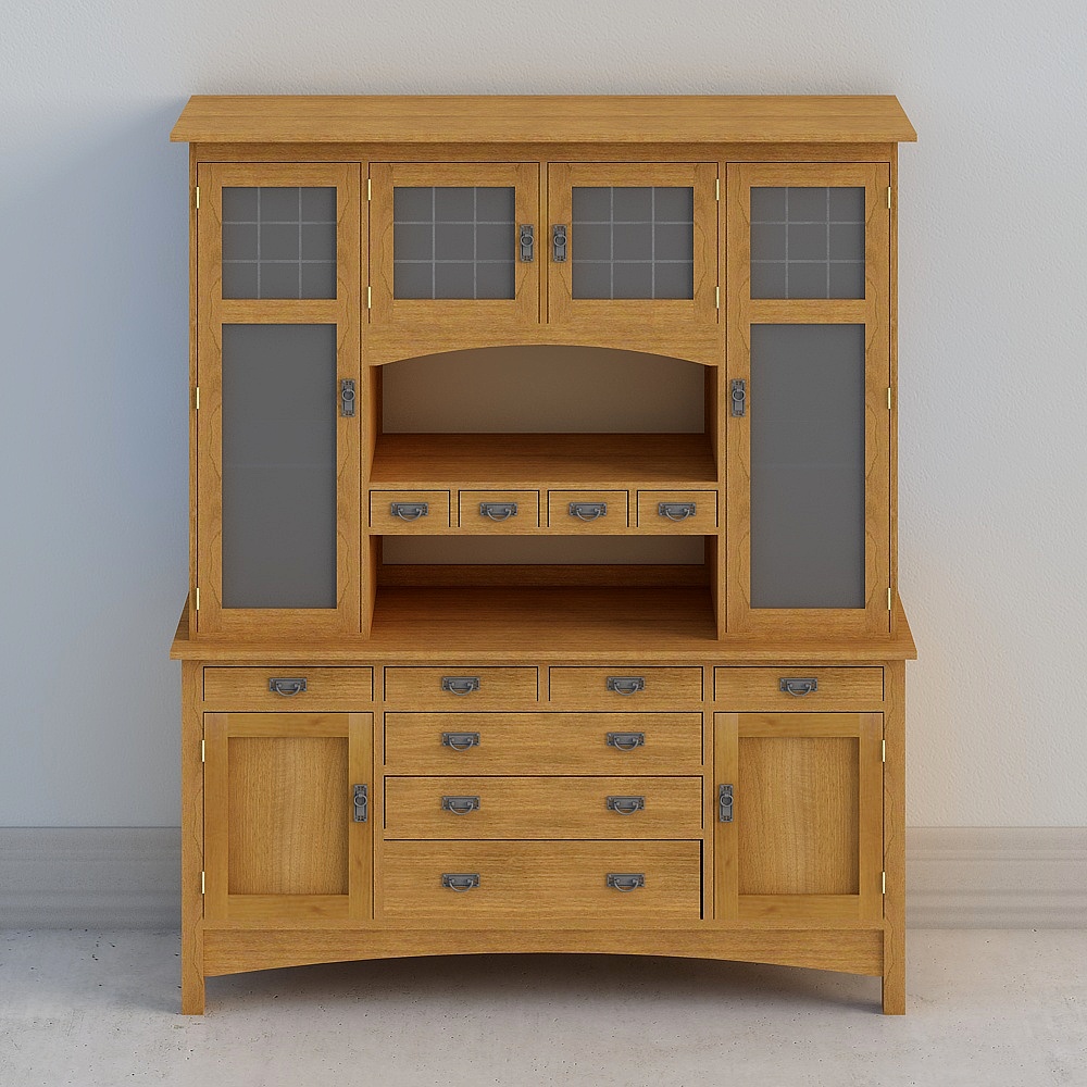 Light oak wood kitchen cabinet with glass doors and metal handles on white background