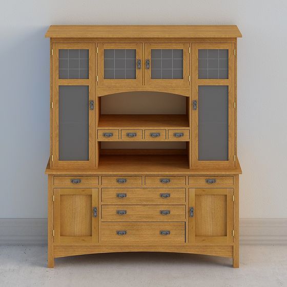 Light oak wood kitchen cabinet with glass doors and metal handles on white background
