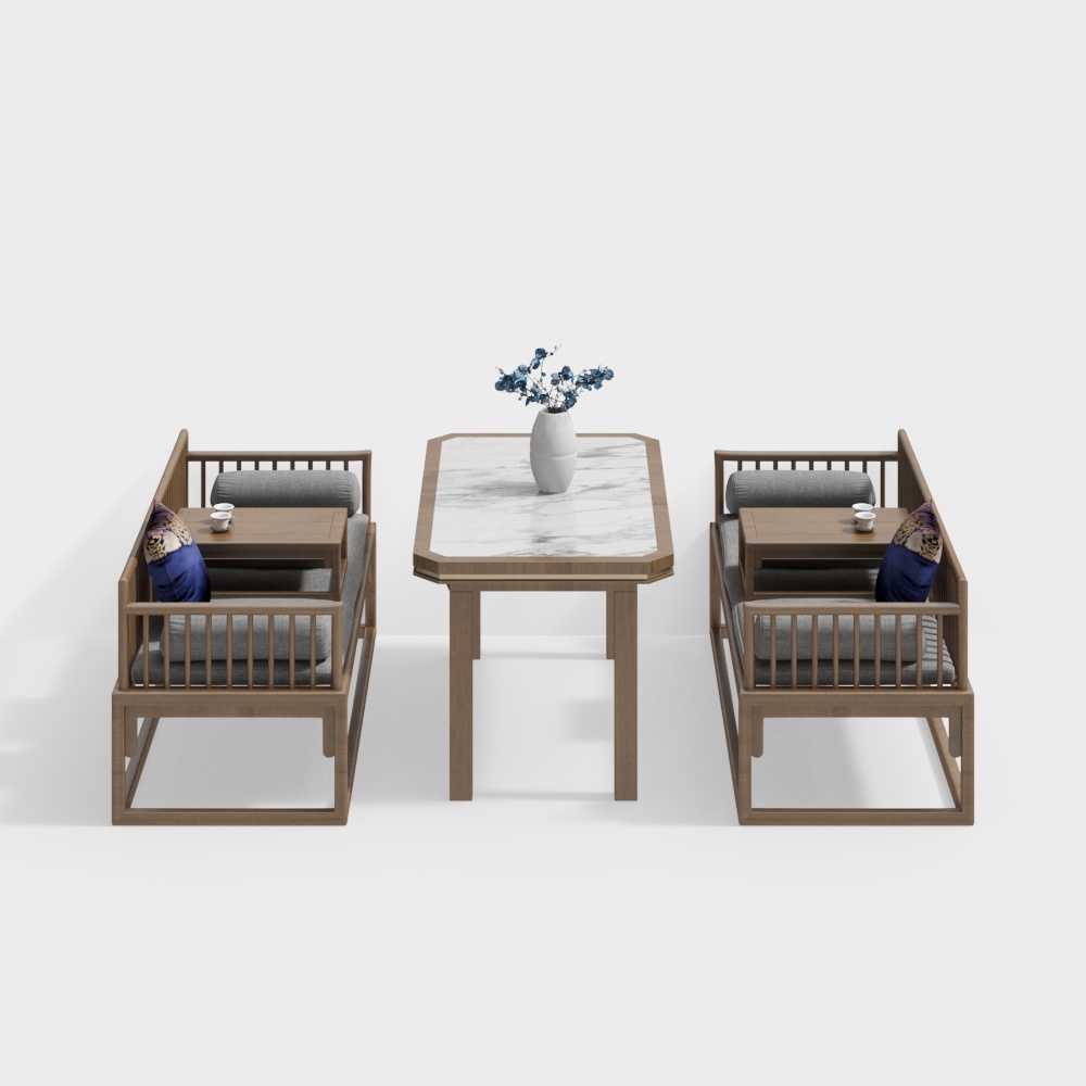 Wooden Tea Room Set 3D Model – Minimalist Wood & Marble