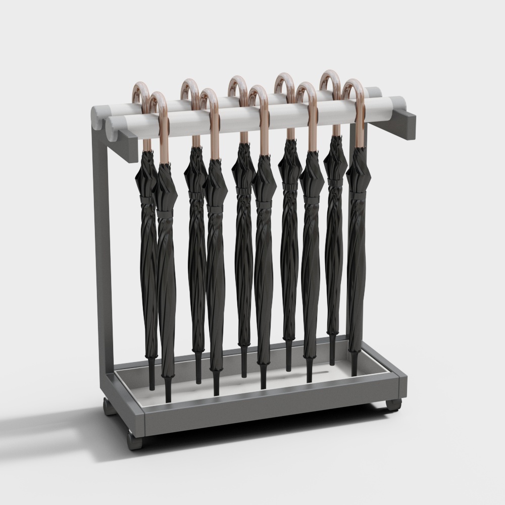 Modern grey metal umbrella stand with white rollers and black umbrellas on white background