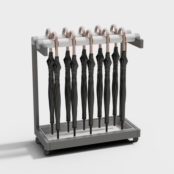 Modern grey metal umbrella stand with white rollers and black umbrellas on white background