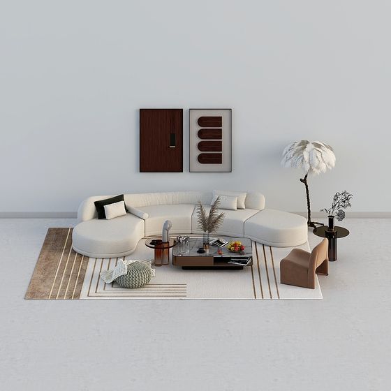 French Cream Style Curved Sofa Combination 3D Model in Brown