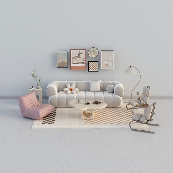 French Cream Style Multi-person Sofa Combination 3D Model