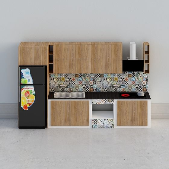 Modern Kitchen 3D model with Wooden Cabinets