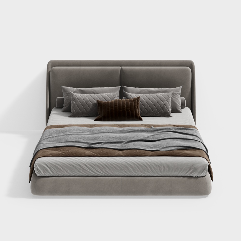 Contemporary grey upholstered king bed with brown throw and pillows on white background