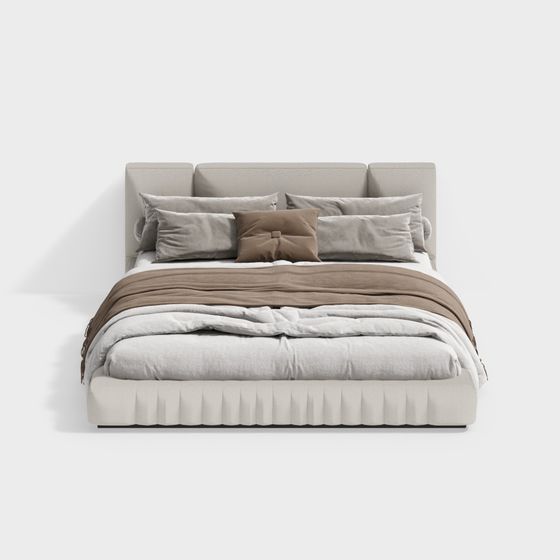 Modern Double Bed 3D Model in Beige