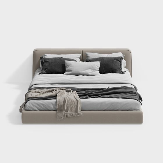 Modern Cream Style Double Bed 3D Model in Gray