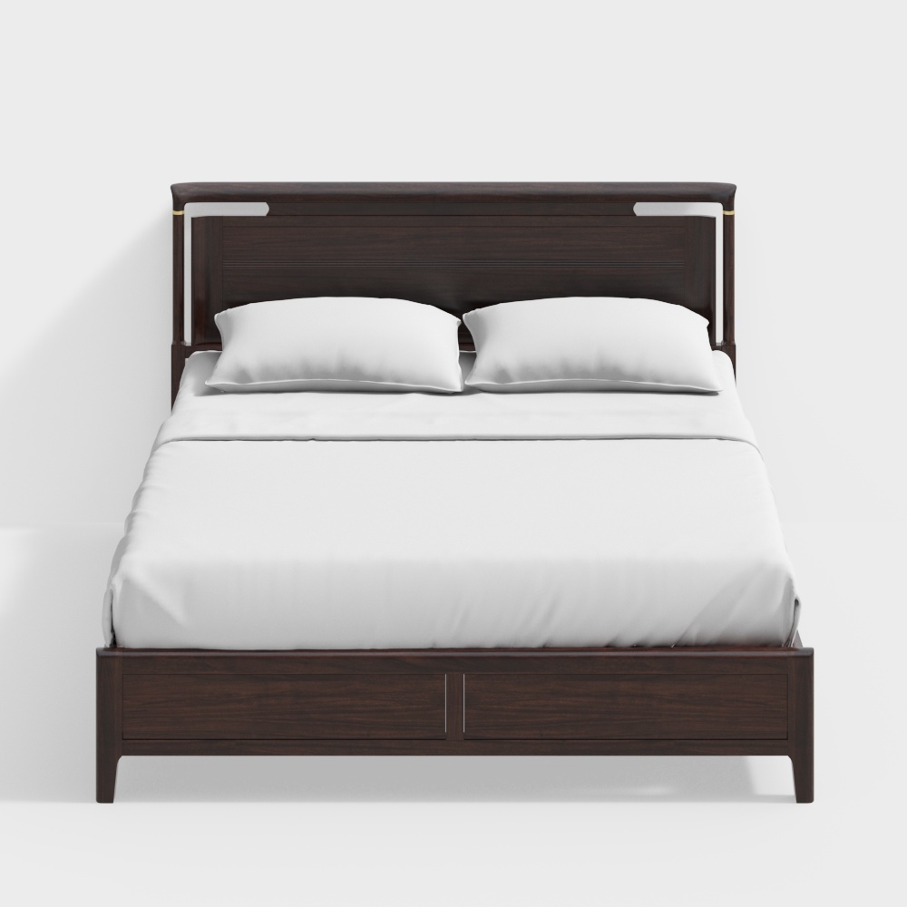 Urban Elegance Bed Frame 3D Model – Wood & Gold Accents